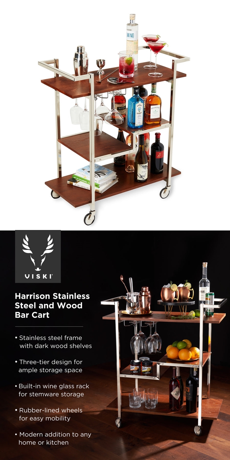 "Harrison" Three-Tiered Wood and Stainless Steel Bar Cart by VISKI