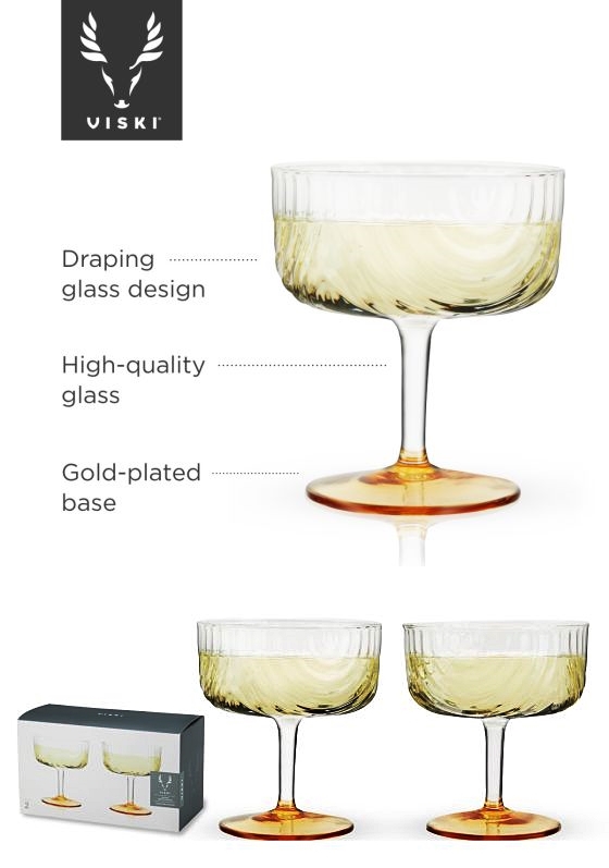 Gatsby Draping Glass Coupes with Gold-Plated Bases by VISKI (Set of 2)