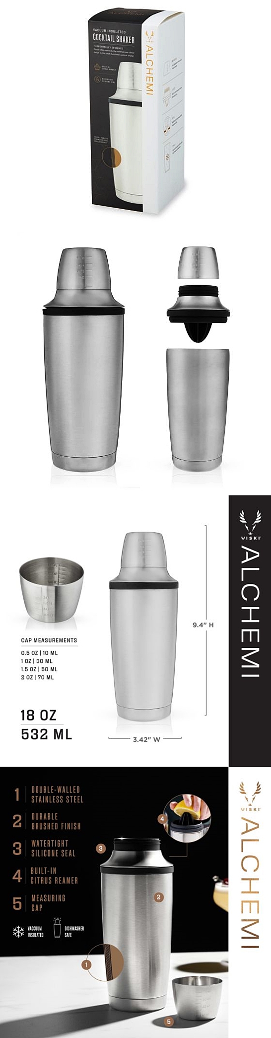 Alchemi Vacuum-Insulated Cocktail Shaker with Citrus Reamer by VISKI