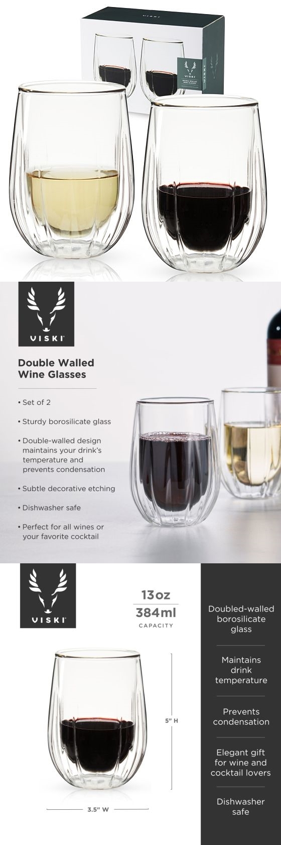 Double-Walled Insulated Stemless Wine Glasses by VISKI (Set of 2)