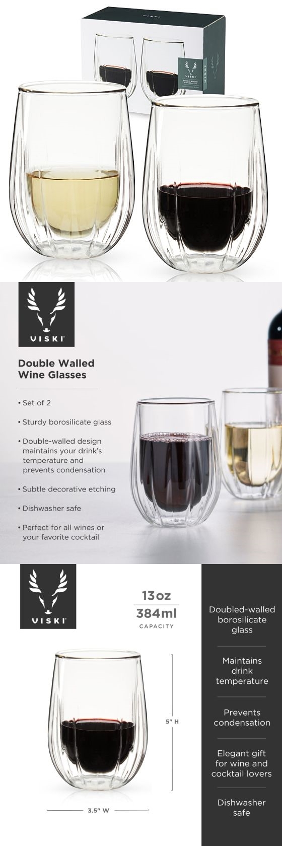 Double Walled Stemless Wine Glasses by Viski, Set of 2