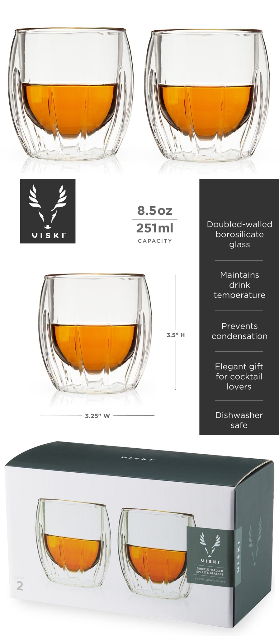 Double-Walled Spirits Glasses with Decorative Etching by VISKI (Set of 2)