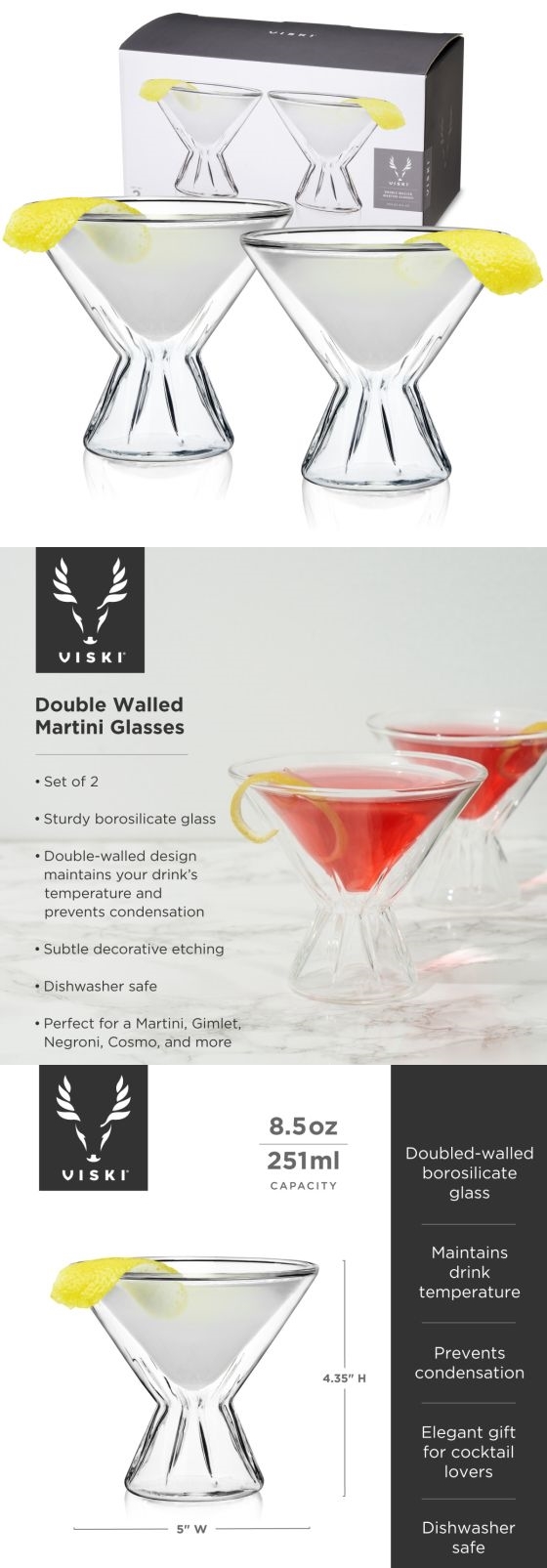Double-Walled Borosilcate Martini Glasses by VISKI (Set of 2)
