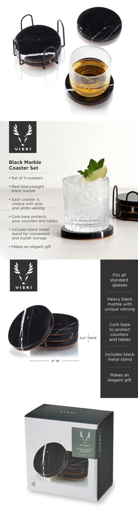 Cork-Backed Black Marble Coasters with Metal Stand by VISKI (Set of 4)