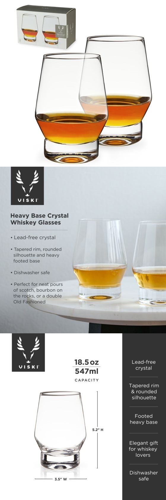 Heavy Base Lead-Free Crystal Whiskey Glasses by VISKI (Set of 2)