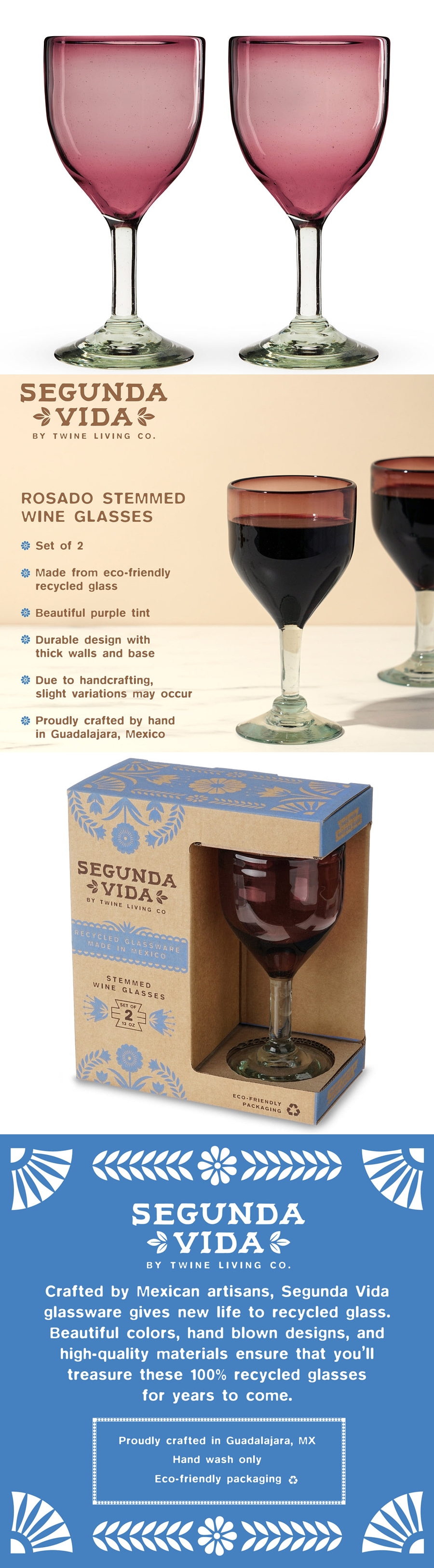 Segunda Vida Rosado Recycled Stemmed Wine Glasses by Twine Living (Set of 2)