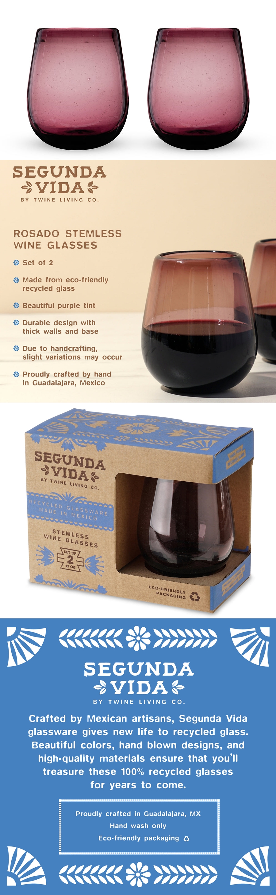 Rosado Recycled Stemless Wine Glasses by Twine Living (Set of 2)