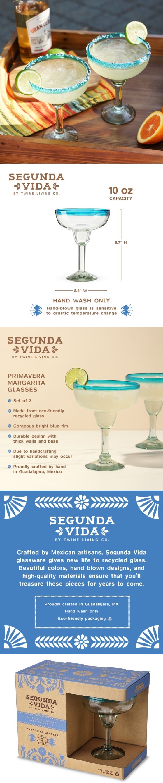 Segunda Vida Blue-Rimmed Margarita Glasses by Twine Living (Set of 2)