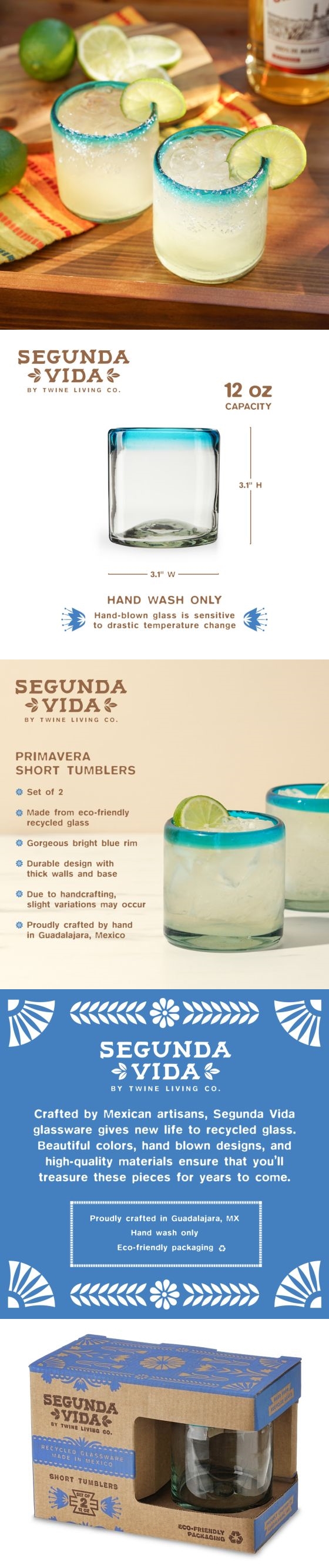 Segunda Vida Blue-Rimmed Short Tumblers by Twine Living (Set of 2)