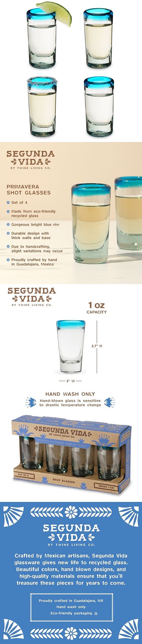 Segunda Vida Blue-Rimmed 1oz Shot Glasses by Twine Living (Set of 4)