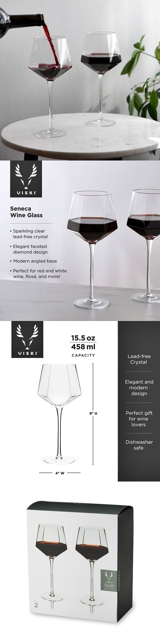 Seneca Faceted Diamond Design Wine Glasses by VISKI (Set of 2)