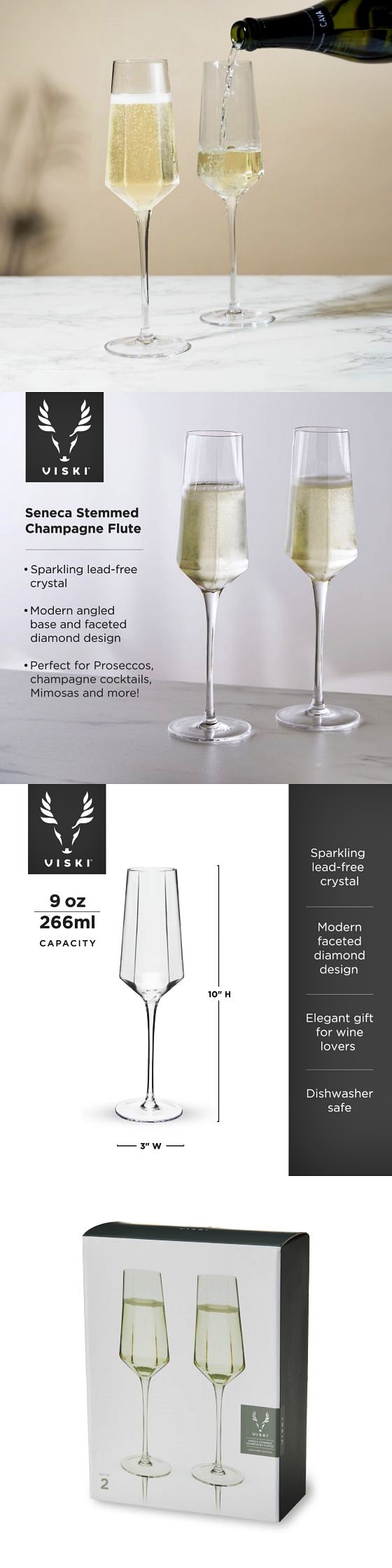 Seneca Faceted Diamond Stemmed Champagne Flutes by VISKI (Set of 2)