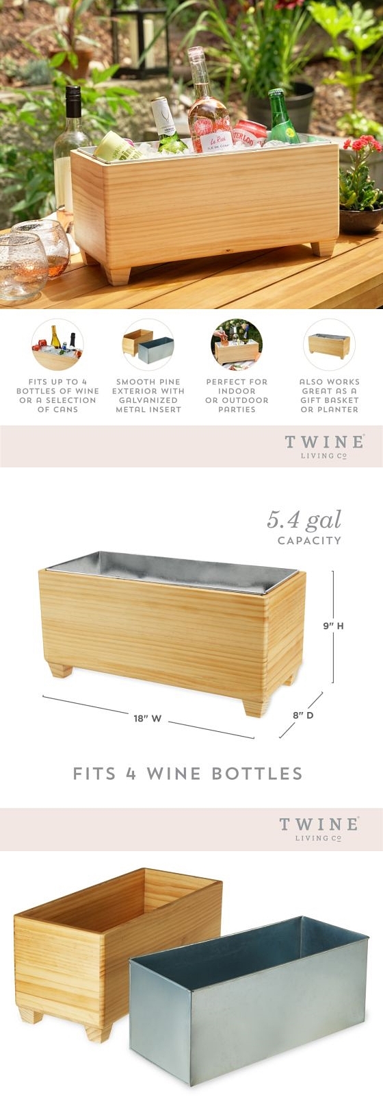 Wooden Beverage Tub with Galvanized-Metal Insert by Twine Living