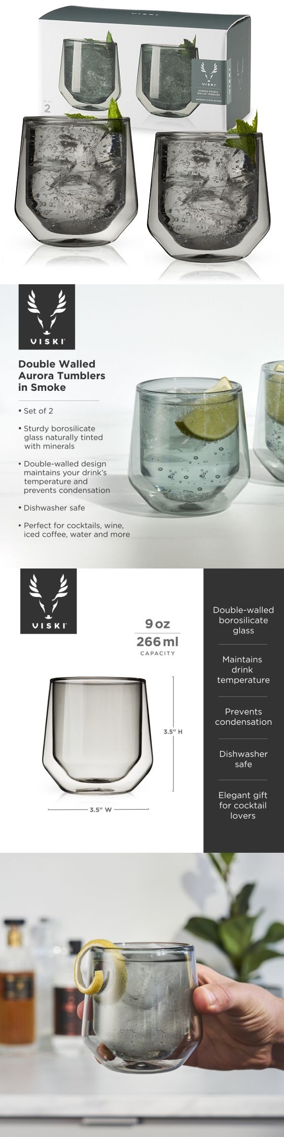 Double-Walled Aurora Tumblers in Smoke Grey Glass by VISKI (Set of 2)