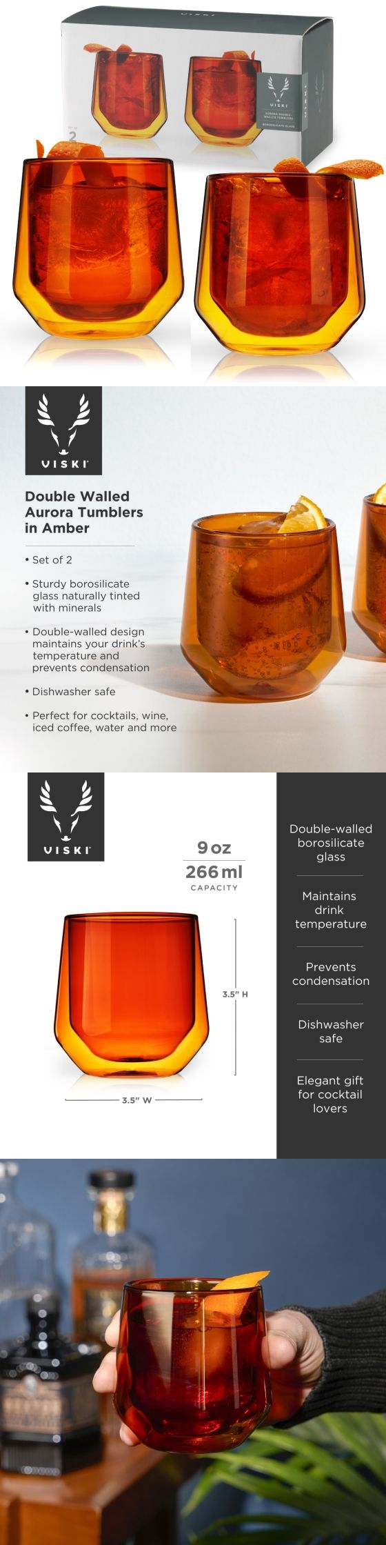 Double-Walled Aurora Tumblers in Amber Glass by VISKI (Set of 2)
