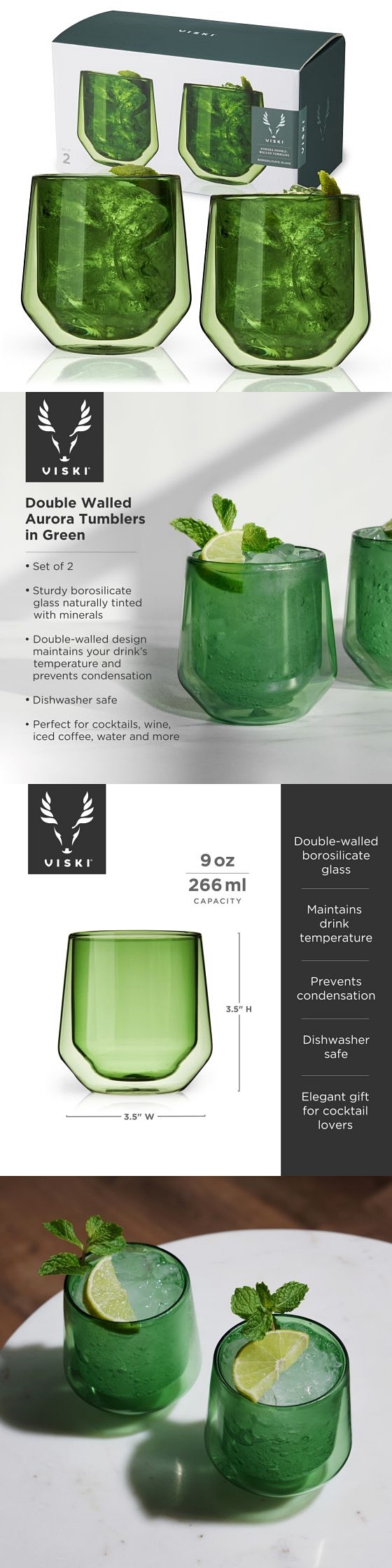 Double-Walled Aurora Tumblers in Green Glass by VISKI (Set of 2)