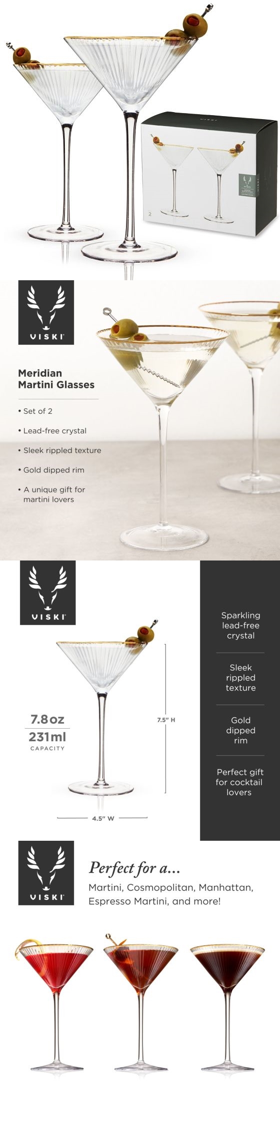 Meridian Rippled-Crystal Gold-Rim Martini Glasses by VISKI (Set of 2)