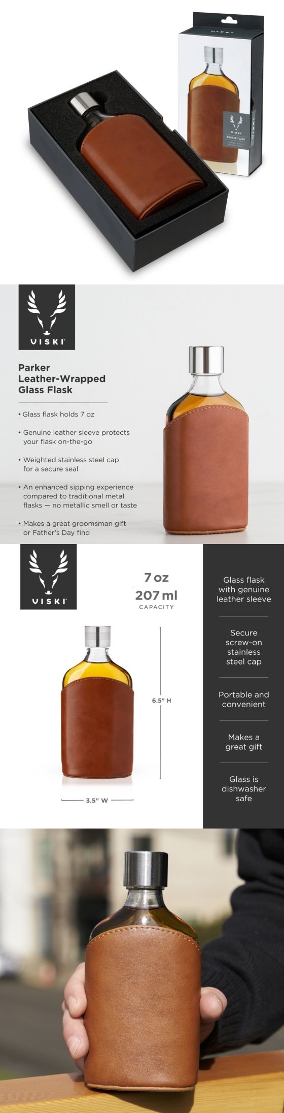 "Parker" Brown Leather-Wrapped Glass Flask by VISKI