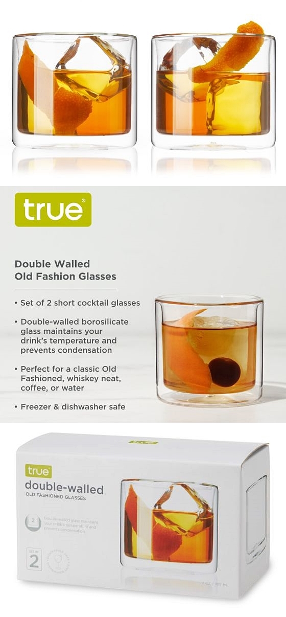 Short Double-Walled 7oz Borosilicate Rocks Glasses by True (Set of 2)