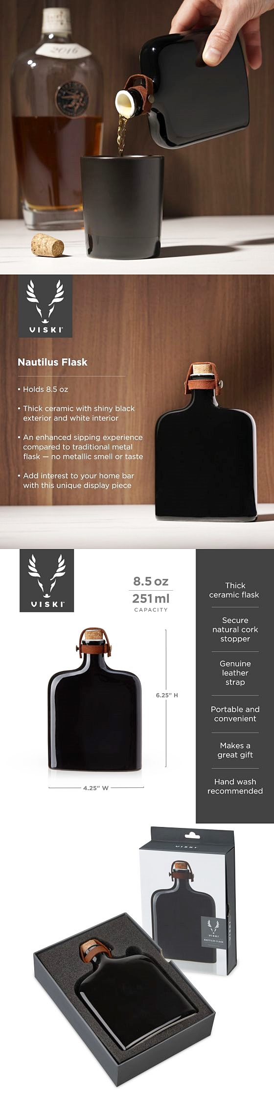 "Nautilus" Glazed Black Ceramic Flask with Cork Top by VISKI