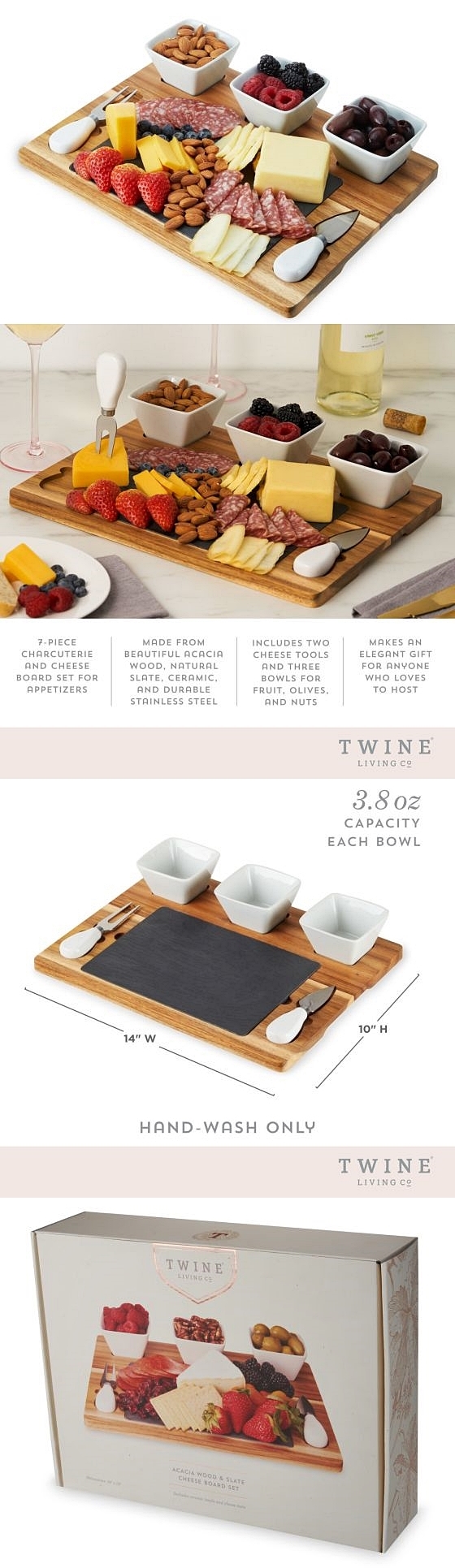 Acacia-Wood & Slate Cheese Board Set with Ceramic Bowls by Twine Living