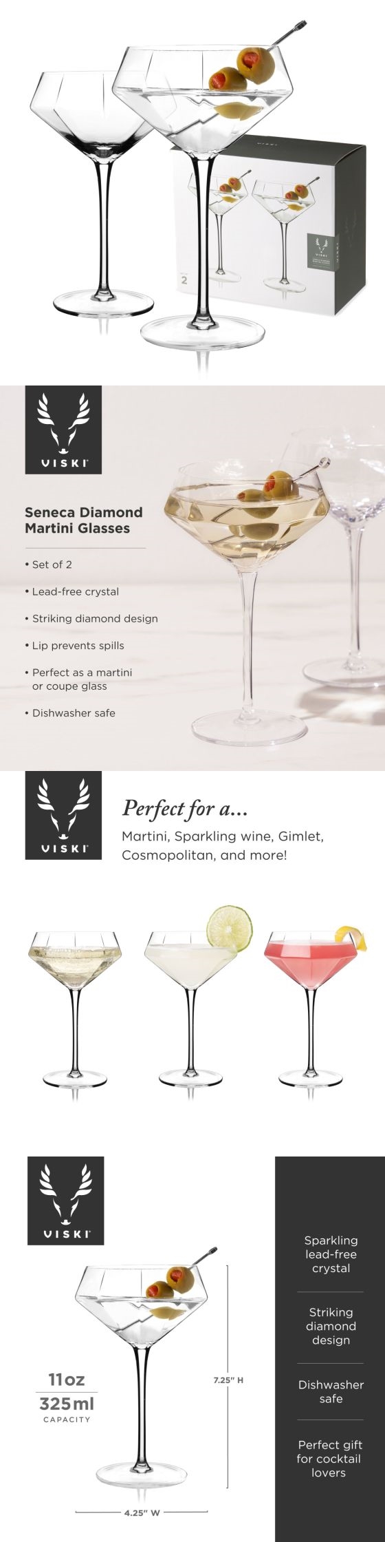 Viski Stemmed Crystal Martini Glasses