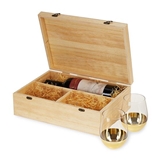 Wood Wine Box with 2 Gold-Dipped Stemless Wine Glasses by Twine Living