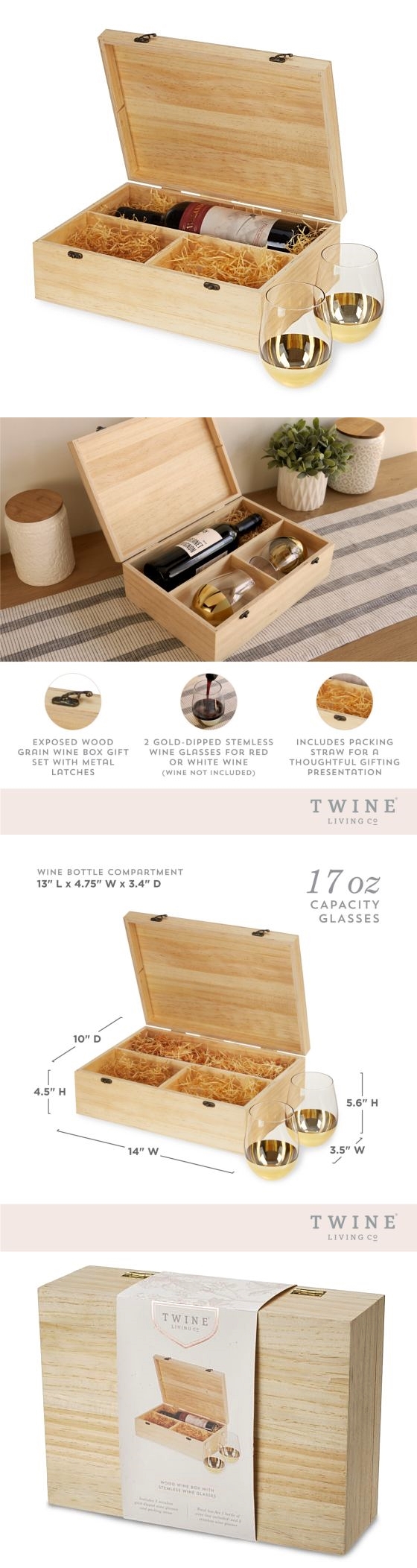 Wood Wine Box with 2 Gold-Dipped Stemless Wine Glasses by Twine Living