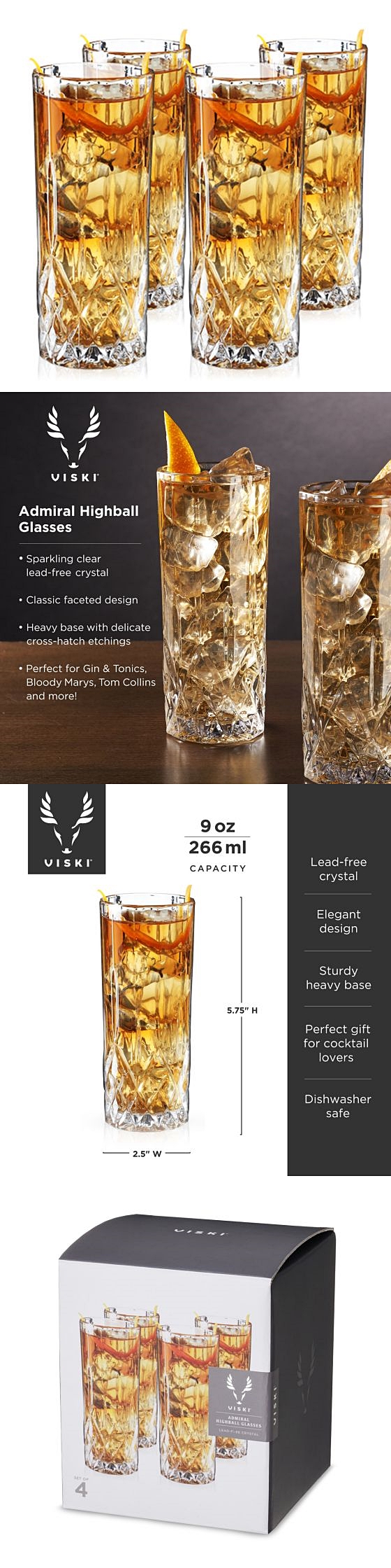 "Admiral" Cut-Crystal Highball Glasses by VISKI (Set of 4)