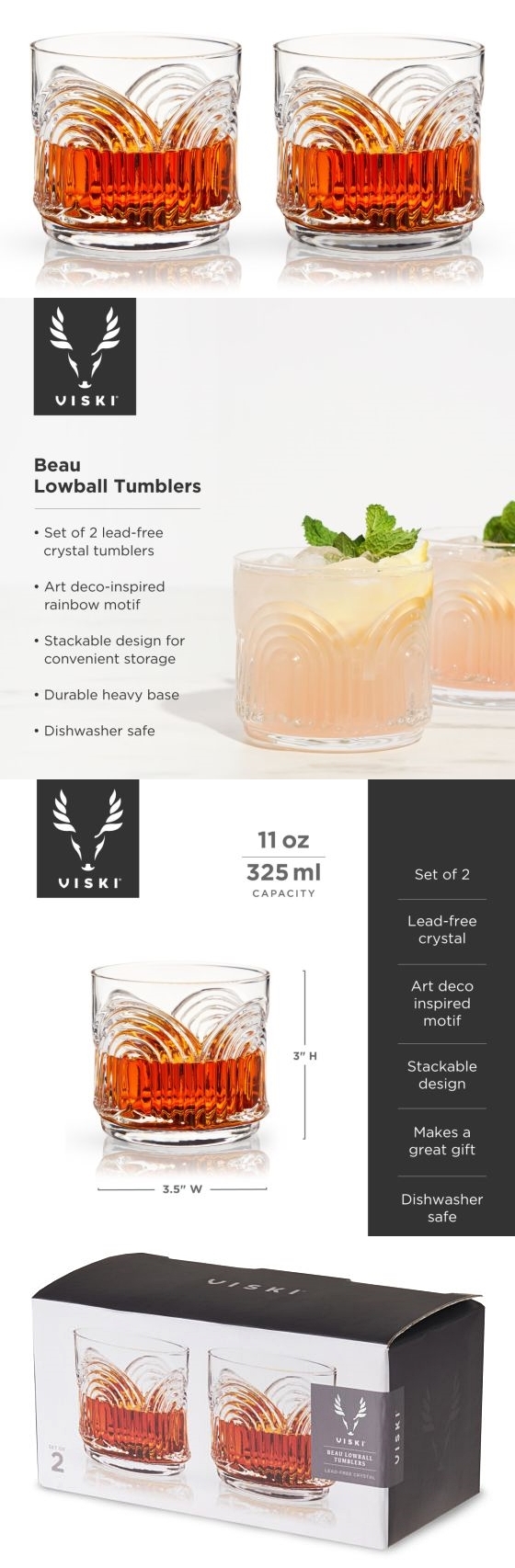 Art Deco Style 11oz "Beau" Lowball Tumblers by VISKI (Set of 2)