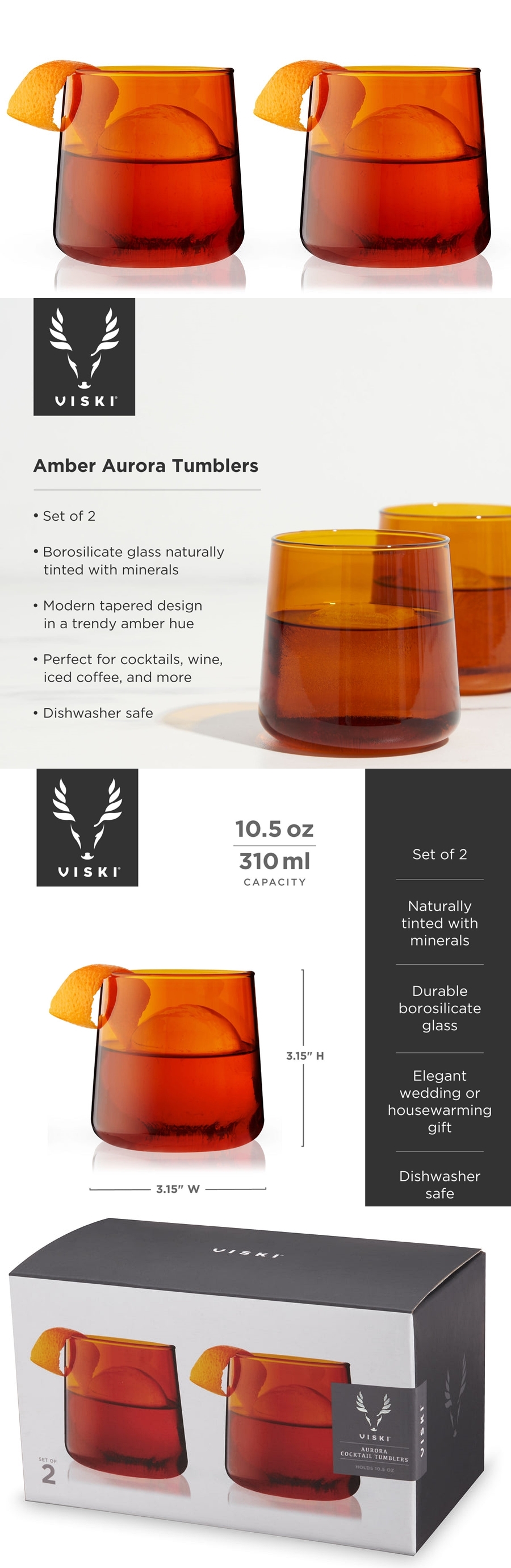 "Aurora" Cocktail Tumblers in Amber by VISKI (Set of 2)