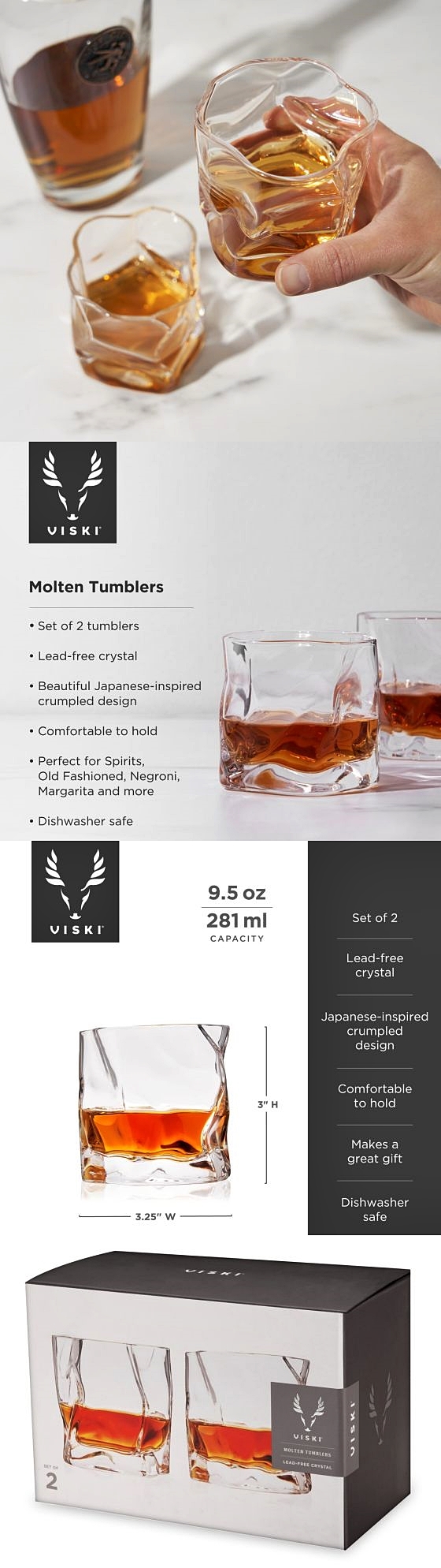 Lead-Free Crystal "Molten" Tumblers by VISKI (Set of 2)