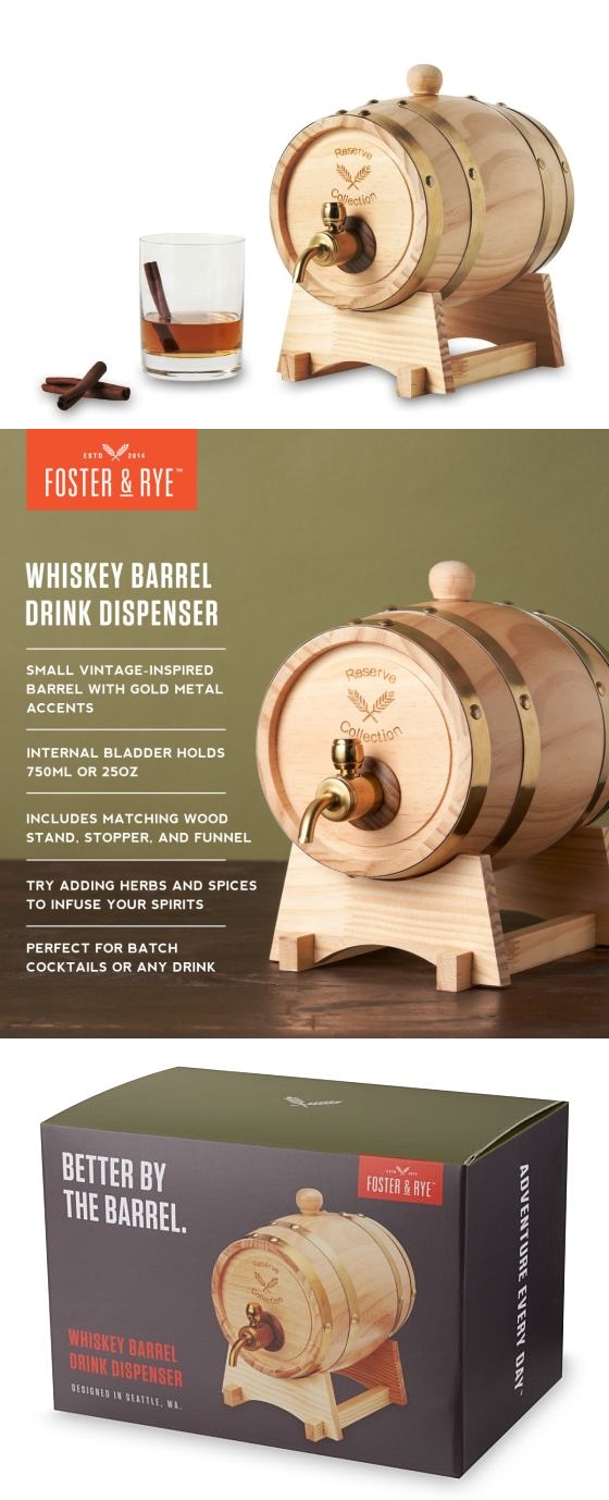 750mL Wooden Whiskey Barrel Drink Dispenser with Stand by Foster & Rye