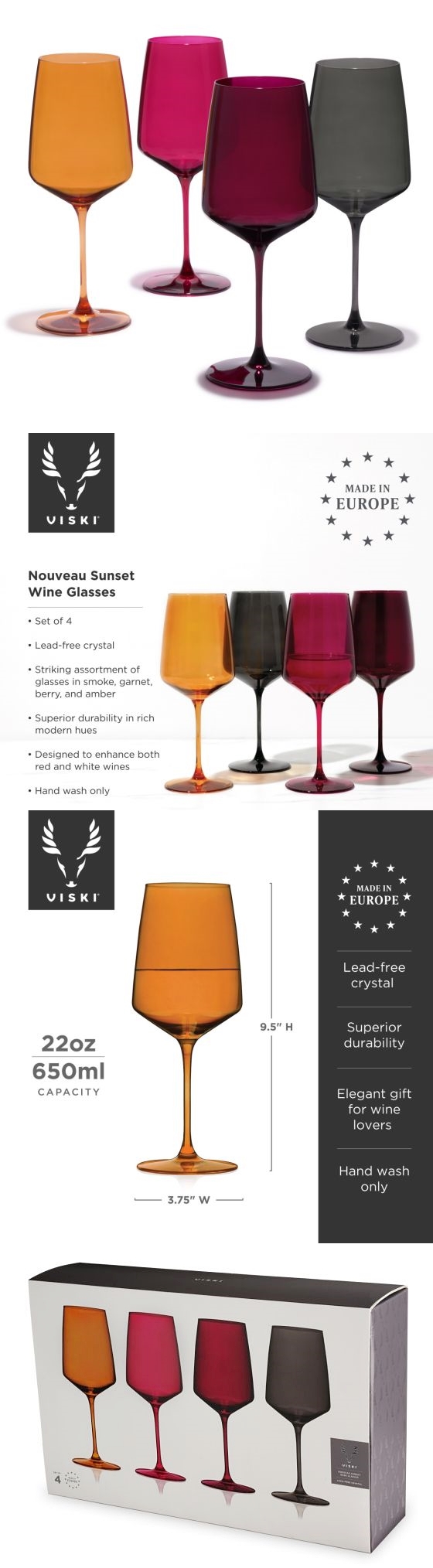 Reserve Nouveau 22oz Sunset Wine Glasses by Viski (Set of 4)