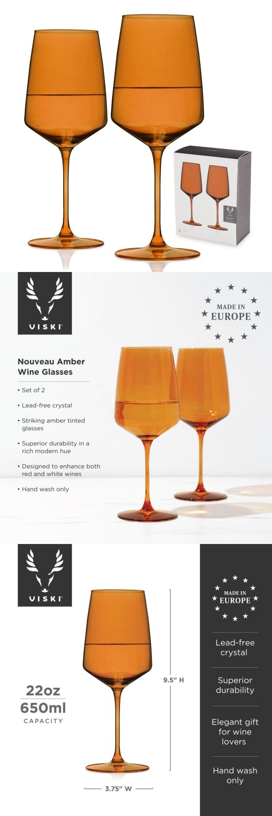 Reserve Nouveau Amber-Colored 22oz Wine Glasses by VISKI (Set of 2)