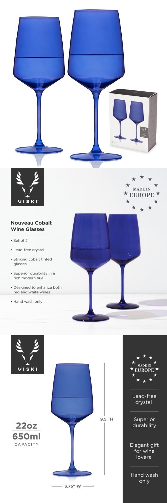 Reserve Nouveau Cobalt-Colored 22oz Wine Glasses by VISKI (Set of 2)