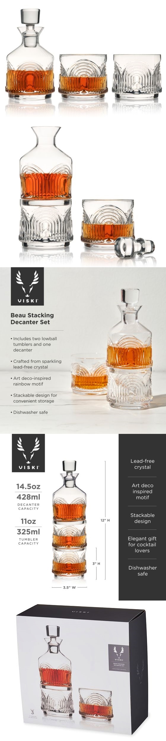 Art Deco-Inspired Rainbow Motif 'Beau' Stacking Decanter Set by VISKI