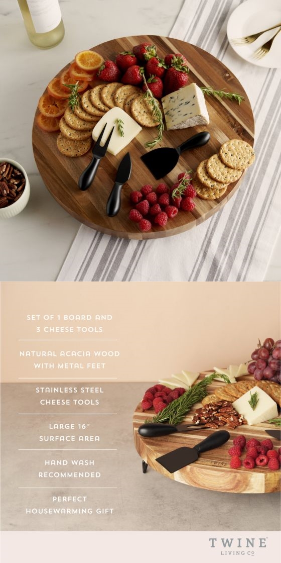 Acacia-Wood Footed Cheese Board & Knives Set by Twine Living