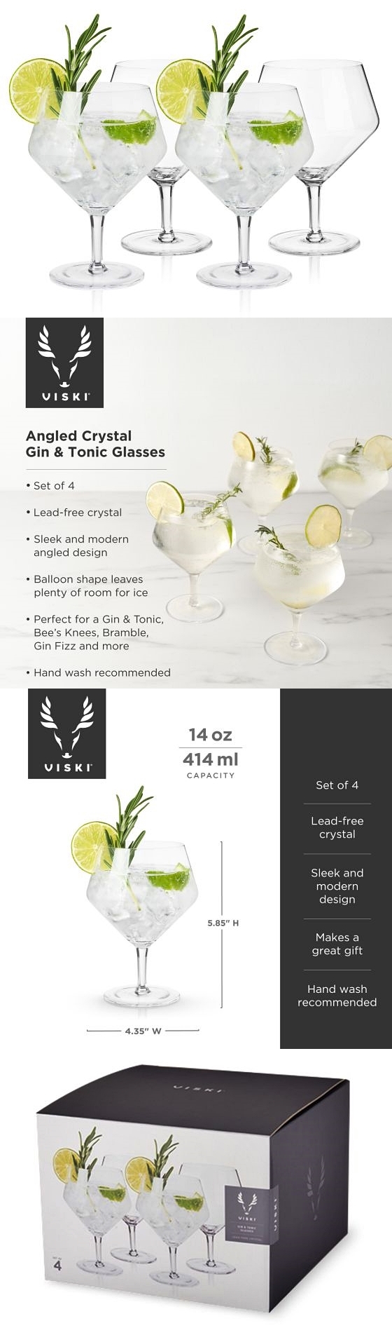 Raye Lead-Free Crystal Angled Gin & Tonic Glasses by VISKI (Set of 4)