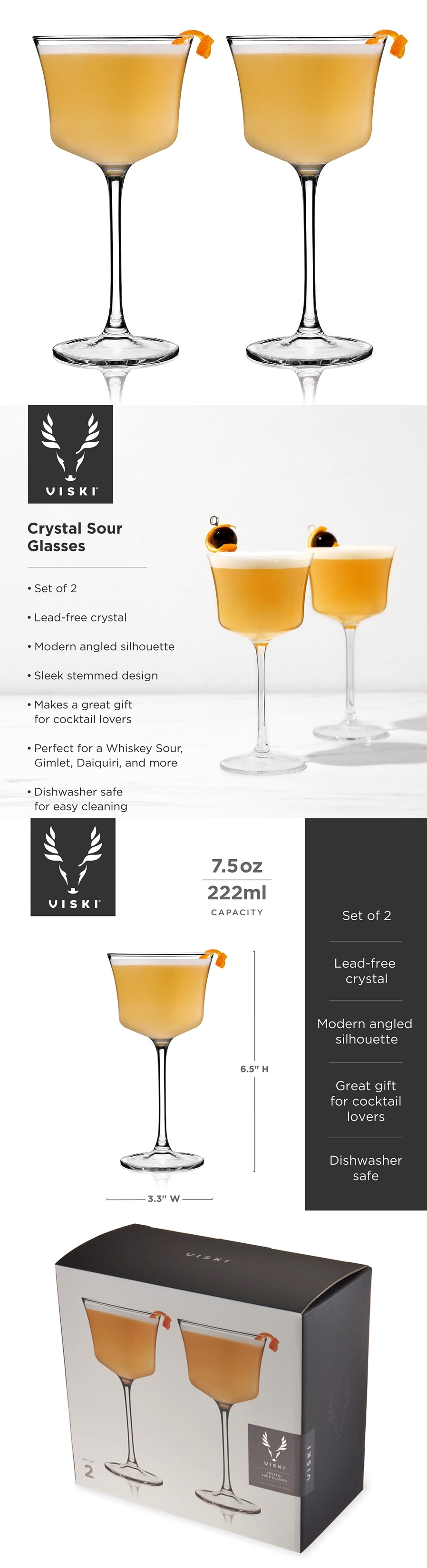 Raye Lead-Free Crystal Angled Whiskey Sour Glasses by VISKI (Set of 2)