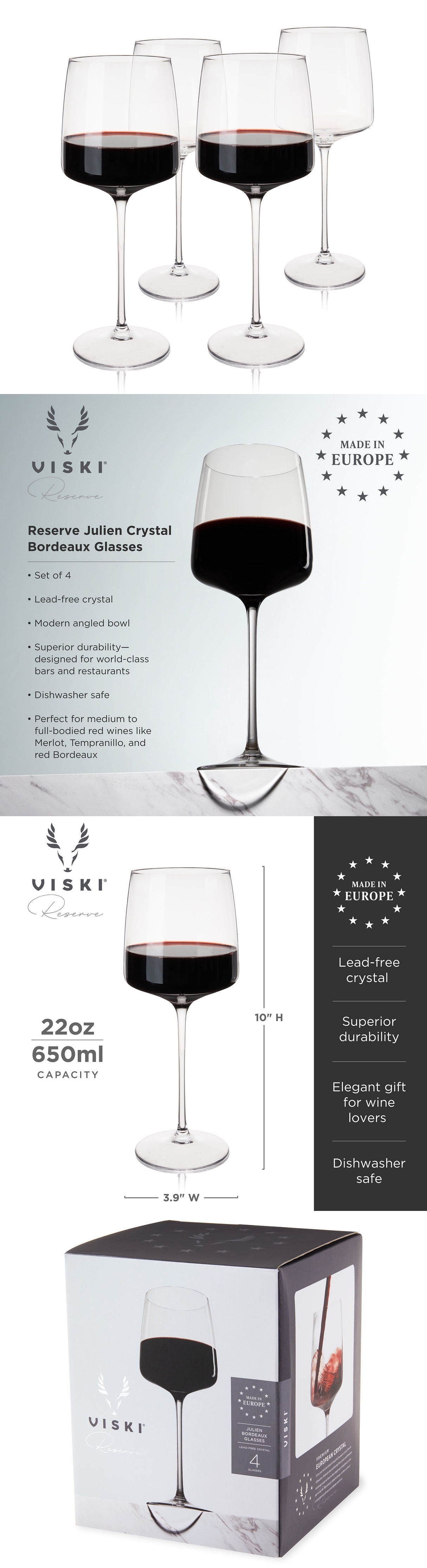 Reserve Julien Lead-Free Crystal 22oz Bordeaux Glasses by VISKI (Set of 4)