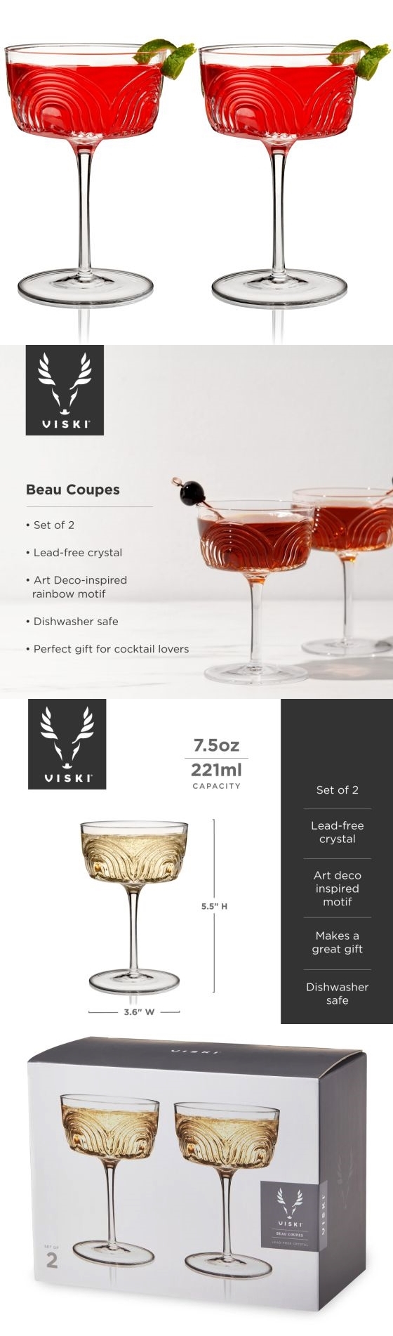 Art Deco-Inspired "Beau" Crystal Coupes by VISKI (Set of 2)