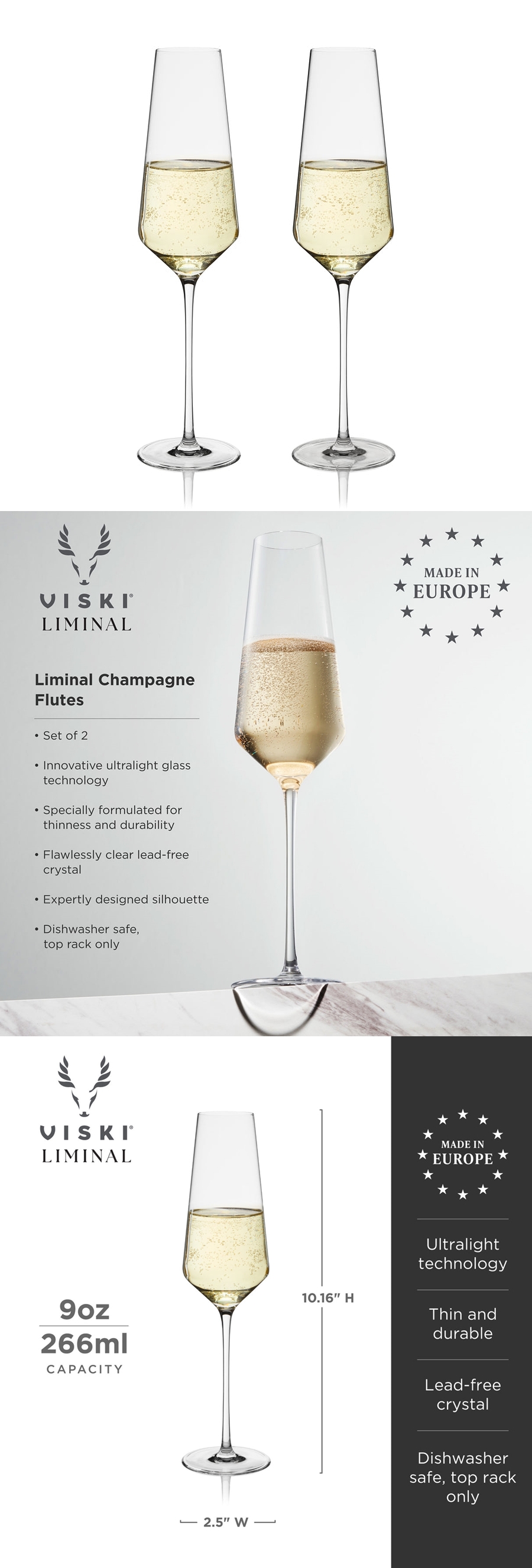 Reserve Liminal Lead-Free Crystal Stemmed Champagne Flutes by VISKI (Set of 2)
