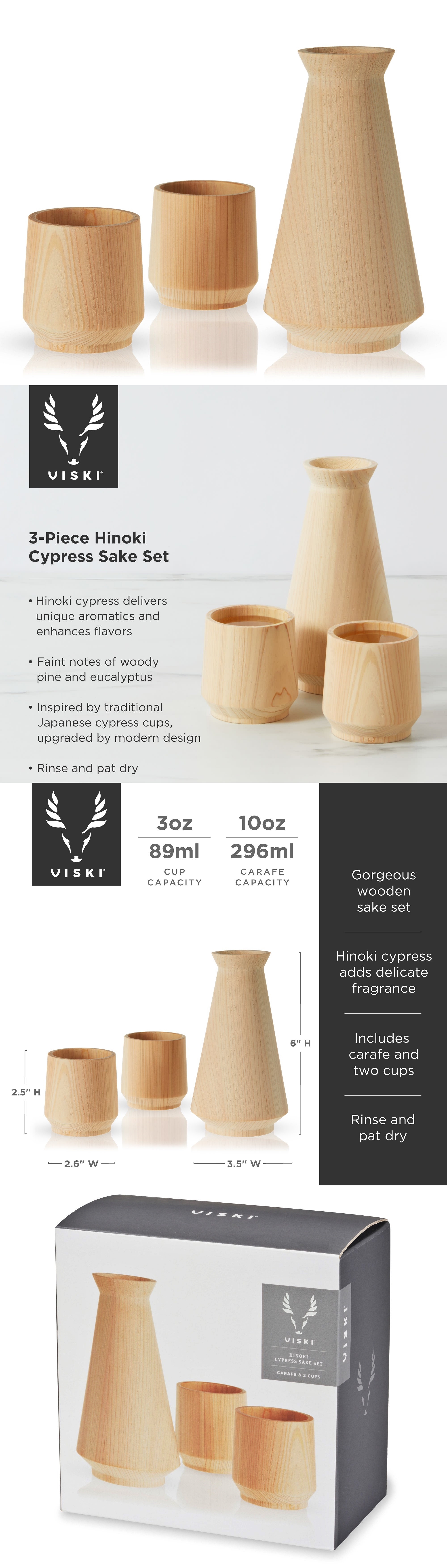 3-Piece "Hinoki" Cypress-Wood Sake Set (2 Cups, 1 Carafe) by VISKI
