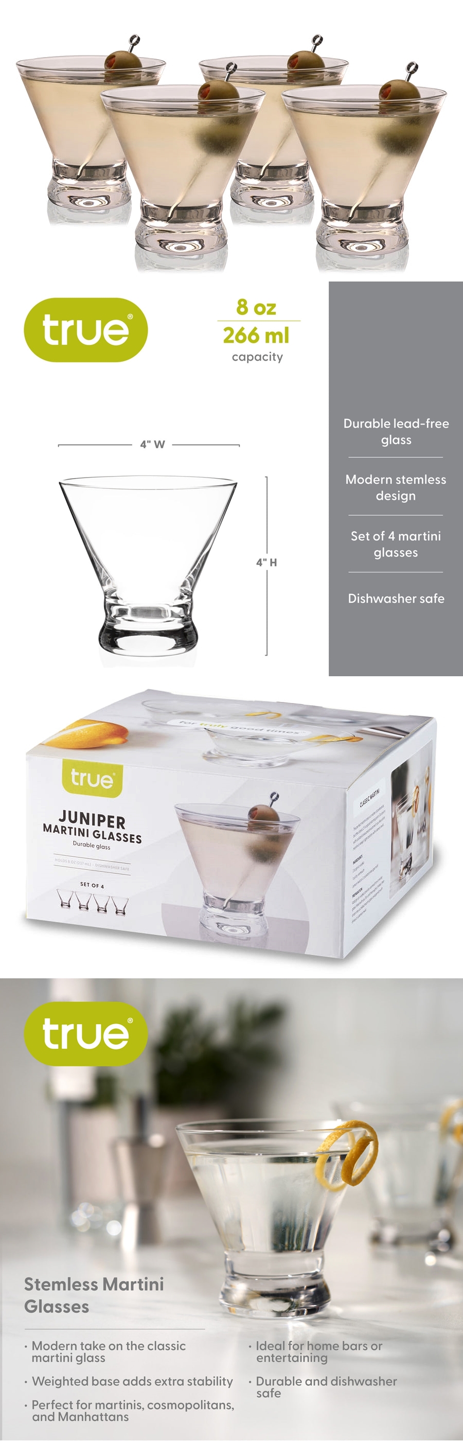 Juniper: Stemless 8oz Lead-Free Martini Glasses by True (Set of 4)