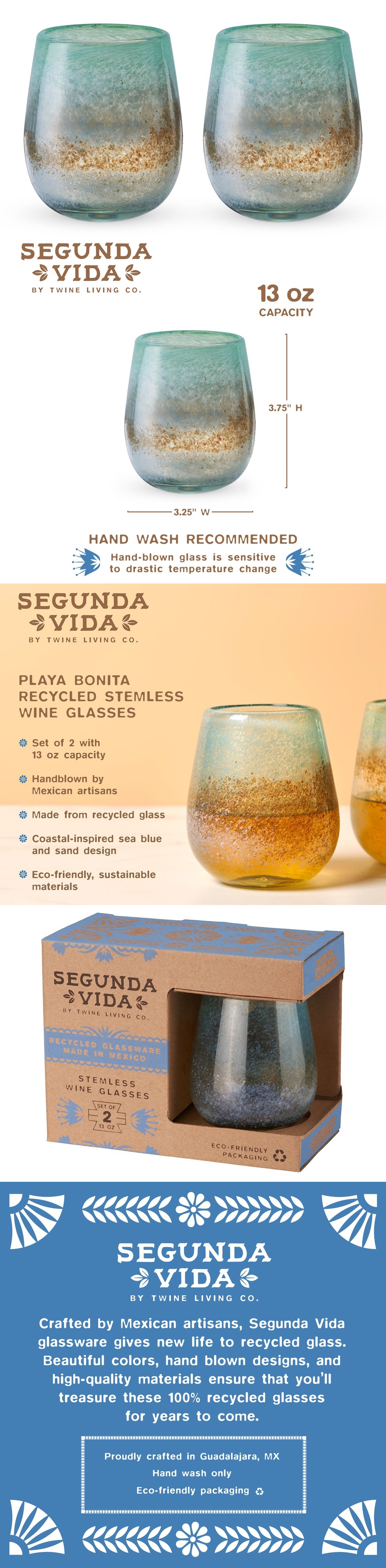 Segunda Vida 'Playa Bonit' 13oz Stemless Wine Glasses by Twine Living (Set of 2)