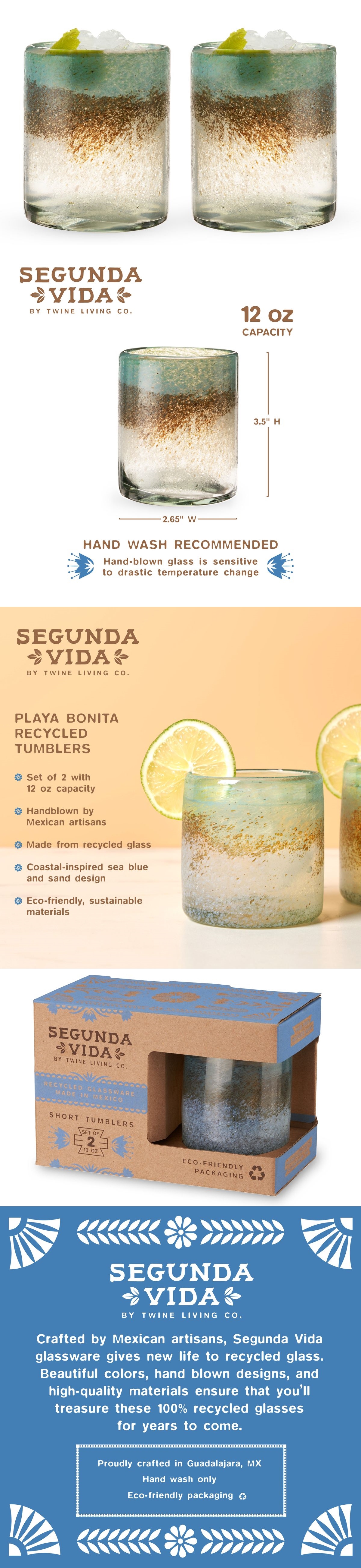 Segunda Vida 'Playa Bonit' Recycled Glass Short Tumblers by Twine (Set of 2)