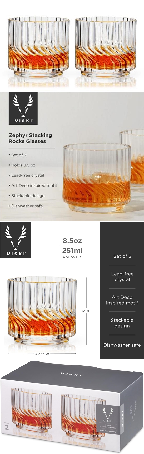 Vintage-Look "Zephyr" Crystal Lowball Tumblers by VISKI (Set of 2)