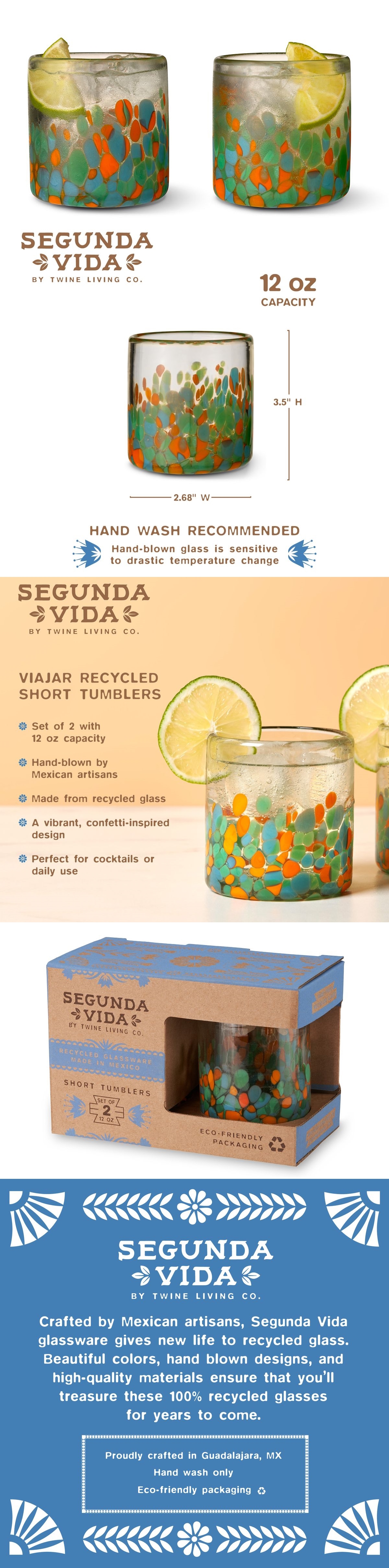 Segunda Vida 'Viajar' Recyled Glass Short Tumblers by Twine Living (Set of 2)