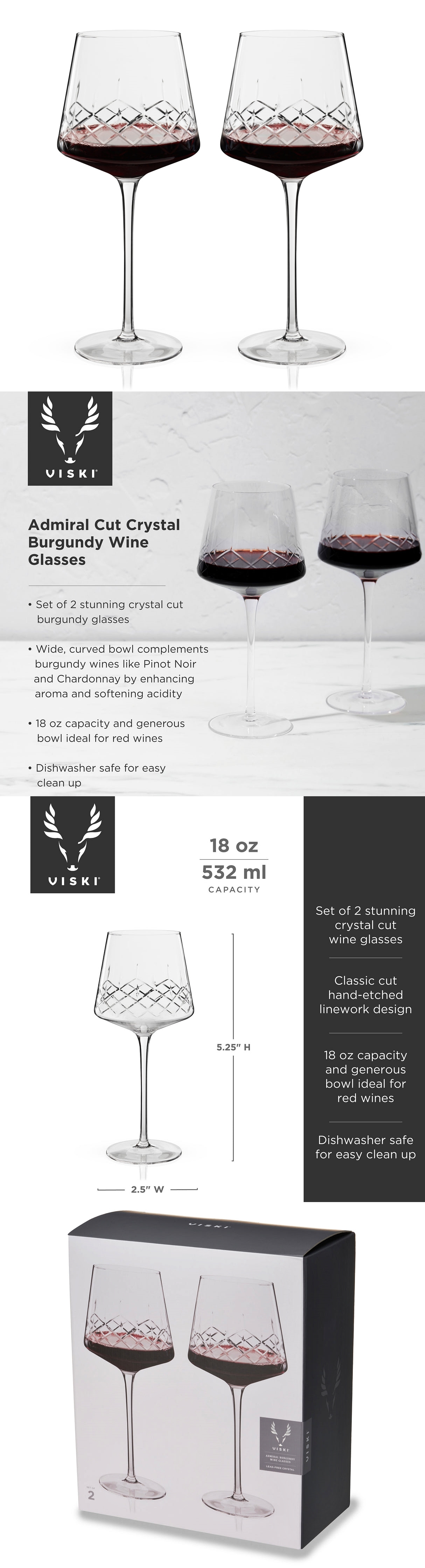 Admiral Crystal Burgundy Wine Glasses with Crosshatch Details by VISKI (Set of 2)